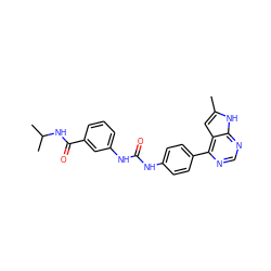 Cc1cc2c(-c3ccc(NC(=O)Nc4cccc(C(=O)NC(C)C)c4)cc3)ncnc2[nH]1 ZINC000140533784