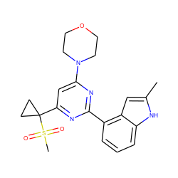 Cc1cc2c(-c3nc(N4CCOCC4)cc(C4(S(C)(=O)=O)CC4)n3)cccc2[nH]1 ZINC000095583858