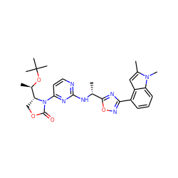 Cc1cc2c(-c3noc([C@@H](C)Nc4nccc(N5C(=O)OC[C@@H]5[C@@H](C)OC(C)(C)C)n4)n3)cccc2n1C ZINC000217352522