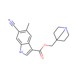 Cc1cc2c(C(=O)OCC34CCN(CC3)CC4)c[nH]c2cc1C#N ZINC001772609685