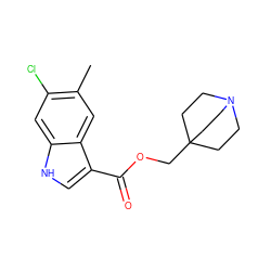 Cc1cc2c(C(=O)OCC34CCN(CC3)CC4)c[nH]c2cc1Cl ZINC001772627529