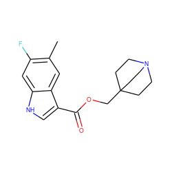 Cc1cc2c(C(=O)OCC34CCN(CC3)CC4)c[nH]c2cc1F ZINC001772624828