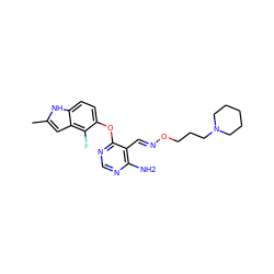 Cc1cc2c(F)c(Oc3ncnc(N)c3/C=N/OCCCN3CCCCC3)ccc2[nH]1 ZINC000072176222