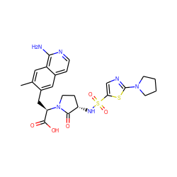 Cc1cc2c(N)nccc2cc1C[C@H](C(=O)O)N1CC[C@H](NS(=O)(=O)c2cnc(N3CCCC3)s2)C1=O ZINC000142560524