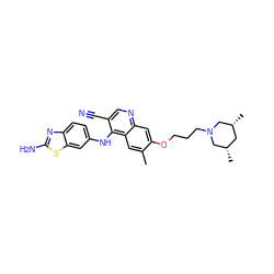 Cc1cc2c(Nc3ccc4nc(N)sc4c3)c(C#N)cnc2cc1OCCCN1C[C@@H](C)C[C@@H](C)C1 ZINC000040891627