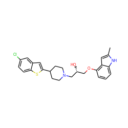 Cc1cc2c(OC[C@@H](O)CN3CCC(c4cc5cc(Cl)ccc5s4)CC3)cccc2[nH]1 ZINC000013490102