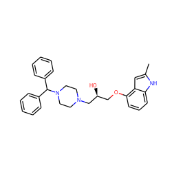 Cc1cc2c(OC[C@H](O)CN3CCN(C(c4ccccc4)c4ccccc4)CC3)cccc2[nH]1 ZINC000038941560