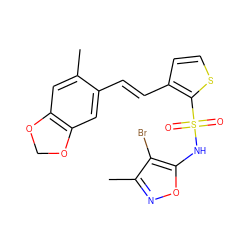 Cc1cc2c(cc1/C=C/c1ccsc1S(=O)(=O)Nc1onc(C)c1Br)OCO2 ZINC000028090266