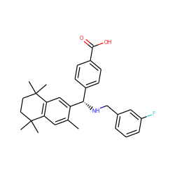 Cc1cc2c(cc1[C@@H](NCc1cccc(F)c1)c1ccc(C(=O)O)cc1)C(C)(C)CCC2(C)C ZINC000142593833