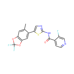 Cc1cc2c(cc1-c1cnc(NC(=O)c3ccncc3F)s1)OC(F)(F)O2 ZINC000142681650