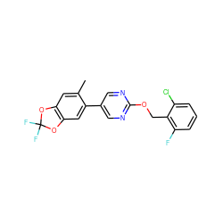 Cc1cc2c(cc1-c1cnc(OCc3c(F)cccc3Cl)nc1)OC(F)(F)O2 ZINC000207720019