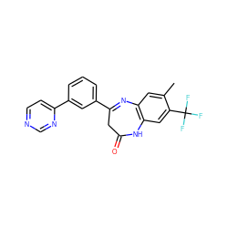 Cc1cc2c(cc1C(F)(F)F)NC(=O)CC(c1cccc(-c3ccncn3)c1)=N2 ZINC000101383299