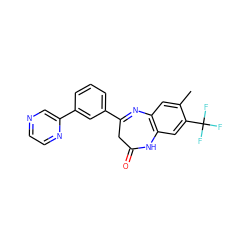 Cc1cc2c(cc1C(F)(F)F)NC(=O)CC(c1cccc(-c3cnccn3)c1)=N2 ZINC000101383358