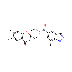 Cc1cc2c(cc1C)C(=O)CC1(CCN(C(=O)c3cc(C)c4[nH]ncc4c3)CC1)O2 ZINC000049087702