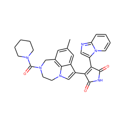 Cc1cc2c3c(c1)c(C1=C(c4cnc5ccccn45)C(=O)NC1=O)cn3CCN(C(=O)N1CCCCC1)C2 ZINC000028397410