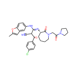 Cc1cc2cc(N/C(=N/[C@H]3CCCCN(CC(=O)N4CCCC4)C3=O)C(C#N)C(=O)c3ccc(Cl)cc3)ccc2o1 ZINC000101032338