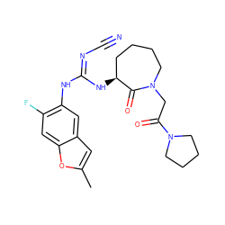 Cc1cc2cc(N/C(=N/C#N)N[C@H]3CCCCN(CC(=O)N4CCCC4)C3=O)c(F)cc2o1 ZINC000043023188