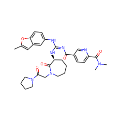 Cc1cc2cc(N/C(=N/C(=O)c3ccc(C(=O)N(C)C)nc3)N[C@H]3CCCCN(CC(=O)N4CCCC4)C3=O)ccc2o1 ZINC000003966566