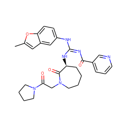 Cc1cc2cc(N/C(=N/C(=O)c3cccnc3)N[C@H]3CCCCN(CC(=O)N4CCCC4)C3=O)ccc2o1 ZINC000044460288