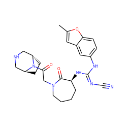 Cc1cc2cc(N/C(=N\C#N)N[C@H]3CCCCN(CC(=O)N4[C@H]5CC[C@H]4CNC5)C3=O)ccc2o1 ZINC000101275168