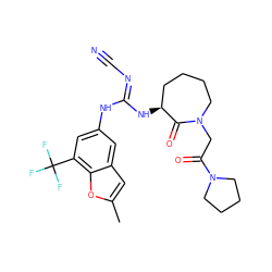 Cc1cc2cc(N/C(=N\C#N)N[C@H]3CCCCN(CC(=O)N4CCCC4)C3=O)cc(C(F)(F)F)c2o1 ZINC000043062983