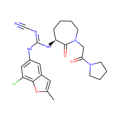 Cc1cc2cc(N/C(=N\C#N)N[C@H]3CCCCN(CC(=O)N4CCCC4)C3=O)cc(Cl)c2o1 ZINC000043064597