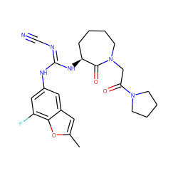 Cc1cc2cc(N/C(=N\C#N)N[C@H]3CCCCN(CC(=O)N4CCCC4)C3=O)cc(F)c2o1 ZINC000043066969