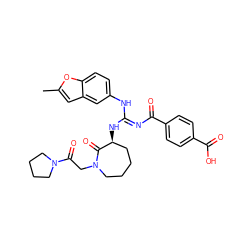 Cc1cc2cc(N/C(=N\C(=O)c3ccc(C(=O)O)cc3)N[C@H]3CCCCN(CC(=O)N4CCCC4)C3=O)ccc2o1 ZINC000049722561