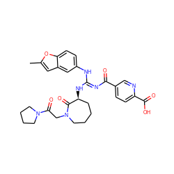 Cc1cc2cc(N/C(=N\C(=O)c3ccc(C(=O)O)nc3)N[C@H]3CCCCN(CC(=O)N4CCCC4)C3=O)ccc2o1 ZINC000070707384