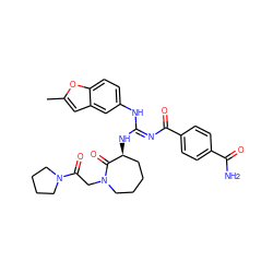 Cc1cc2cc(N/C(=N\C(=O)c3ccc(C(N)=O)cc3)N[C@H]3CCCCN(CC(=O)N4CCCC4)C3=O)ccc2o1 ZINC000049695292