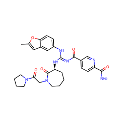 Cc1cc2cc(N/C(=N\C(=O)c3ccc(C(N)=O)nc3)N[C@H]3CCCCN(CC(=O)N4CCCC4)C3=O)ccc2o1 ZINC000070707390