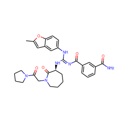 Cc1cc2cc(N/C(=N\C(=O)c3cccc(C(N)=O)c3)N[C@H]3CCCCN(CC(=O)N4CCCC4)C3=O)ccc2o1 ZINC000049722700