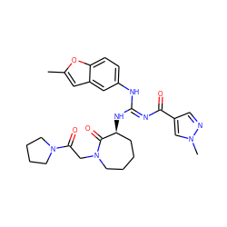 Cc1cc2cc(N/C(=N\C(=O)c3cnn(C)c3)N[C@H]3CCCCN(CC(=O)N4CCCC4)C3=O)ccc2o1 ZINC000045245500