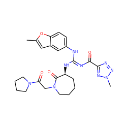 Cc1cc2cc(N/C(=N\C(=O)c3nnn(C)n3)N[C@H]3CCCCN(CC(=O)N4CCCC4)C3=O)ccc2o1 ZINC000045321006