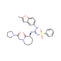 Cc1cc2cc(N/C(=N\S(=O)(=O)c3ccccc3)N[C@H]3CCCCN(CC(=O)N4CCCC4)C3=O)ccc2o1 ZINC000049745409