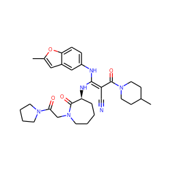 Cc1cc2cc(N/C(N[C@H]3CCCCN(CC(=O)N4CCCC4)C3=O)=C(/C#N)C(=O)N3CCC(C)CC3)ccc2o1 ZINC000034689207