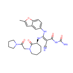 Cc1cc2cc(N/C(N[C@H]3CCCCN(CC(=O)N4CCCC4)C3=O)=C(/C#N)C(=O)NC(N)=O)ccc2o1 ZINC000034689206