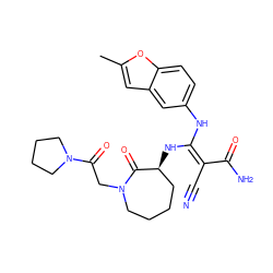 Cc1cc2cc(N/C(N[C@H]3CCCCN(CC(=O)N4CCCC4)C3=O)=C(/C#N)C(N)=O)ccc2o1 ZINC000034689200