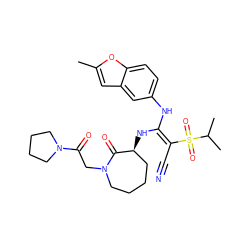 Cc1cc2cc(N/C(N[C@H]3CCCCN(CC(=O)N4CCCC4)C3=O)=C(/C#N)S(=O)(=O)C(C)C)ccc2o1 ZINC000034689208