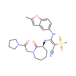 Cc1cc2cc(N/C(N[C@H]3CCCCN(CC(=O)N4CCCC4)C3=O)=C(/C#N)S(C)(=O)=O)ccc2o1 ZINC000003955432