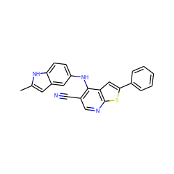 Cc1cc2cc(Nc3c(C#N)cnc4sc(-c5ccccc5)cc34)ccc2[nH]1 ZINC000029046697