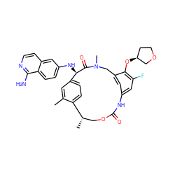 Cc1cc2ccc1[C@@H](C)COC(=O)Nc1cc(F)c(O[C@H]3CCOC3)c(c1)CN(C)C(=O)[C@@H]2Nc1ccc2c(N)nccc2c1 ZINC000205962315