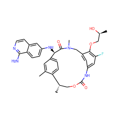 Cc1cc2ccc1[C@@H](C)COC(=O)Nc1cc(F)c(OC[C@H](C)O)c(c1)CN(C)C(=O)[C@@H]2Nc1ccc2c(N)nccc2c1 ZINC001772603743