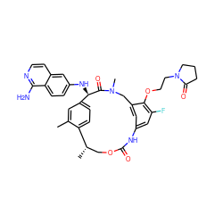 Cc1cc2ccc1[C@@H](C)COC(=O)Nc1cc(F)c(OCCN3CCCC3=O)c(c1)CN(C)C(=O)[C@@H]2Nc1ccc2c(N)nccc2c1 ZINC001772574455