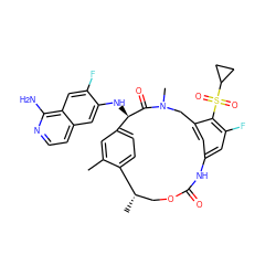 Cc1cc2ccc1[C@@H](C)COC(=O)Nc1cc(F)c(S(=O)(=O)C3CC3)c(c1)CN(C)C(=O)[C@@H]2Nc1cc2ccnc(N)c2cc1F ZINC001772608121