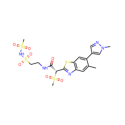 Cc1cc2nc([C@@H](C(=O)NCCS(=O)(=O)NS(C)(=O)=O)S(C)(=O)=O)sc2cc1-c1cnn(C)c1 ZINC000144779296