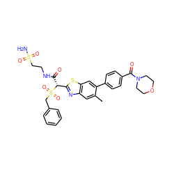 Cc1cc2nc([C@@H](C(=O)NCCS(N)(=O)=O)S(=O)(=O)Cc3ccccc3)sc2cc1-c1ccc(C(=O)N2CCOCC2)cc1 ZINC000222082266