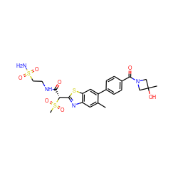 Cc1cc2nc([C@@H](C(=O)NCCS(N)(=O)=O)S(C)(=O)=O)sc2cc1-c1ccc(C(=O)N2CC(C)(O)C2)cc1 ZINC000145527139