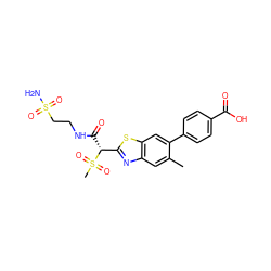 Cc1cc2nc([C@@H](C(=O)NCCS(N)(=O)=O)S(C)(=O)=O)sc2cc1-c1ccc(C(=O)O)cc1 ZINC000144671894