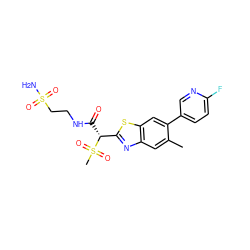 Cc1cc2nc([C@@H](C(=O)NCCS(N)(=O)=O)S(C)(=O)=O)sc2cc1-c1ccc(F)nc1 ZINC000145475938